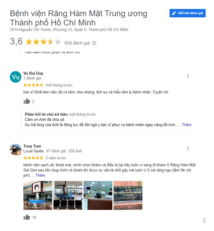 Review khách hàng đã bọc răng sứ giá rẻ tại Bệnh viện RHM TPHCM( Ảnh chụp từ google)